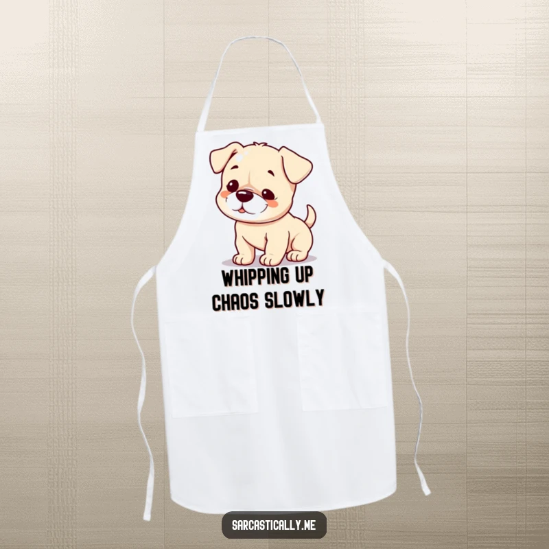 Funny puppy apron showing a small smirk and a slowly wagging tail, ideal for a playful, mischievous cook.