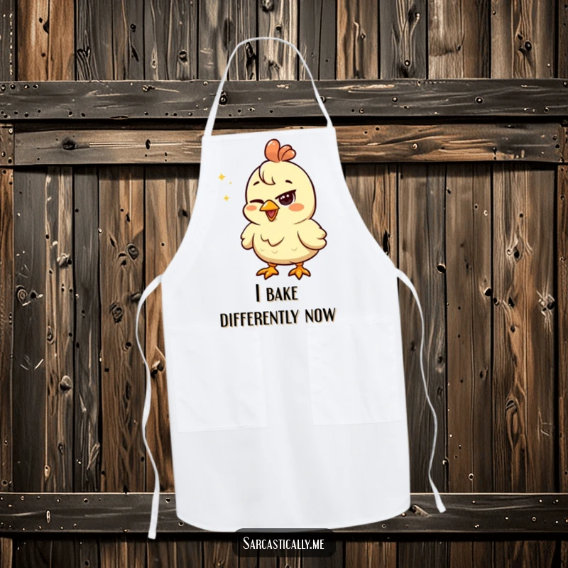Funny chicken apron showing a squinted eye looking unimpressed by a shiny object, ideal for a skeptical cook.