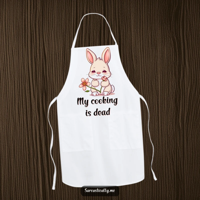 Funny bunny apron, depicting a rabbit chef with a deadpan expression holding a wilting flower, ready to cook with zero enthusiasm.