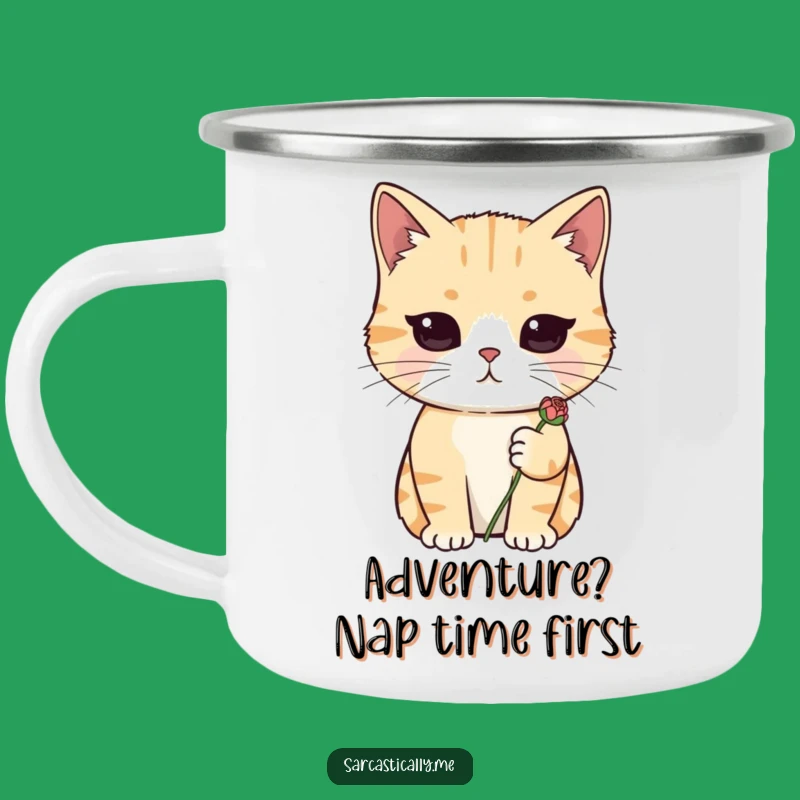 Funny Deadpan Cat Camping Mug: Wilted Flower Adventure Companion Gift