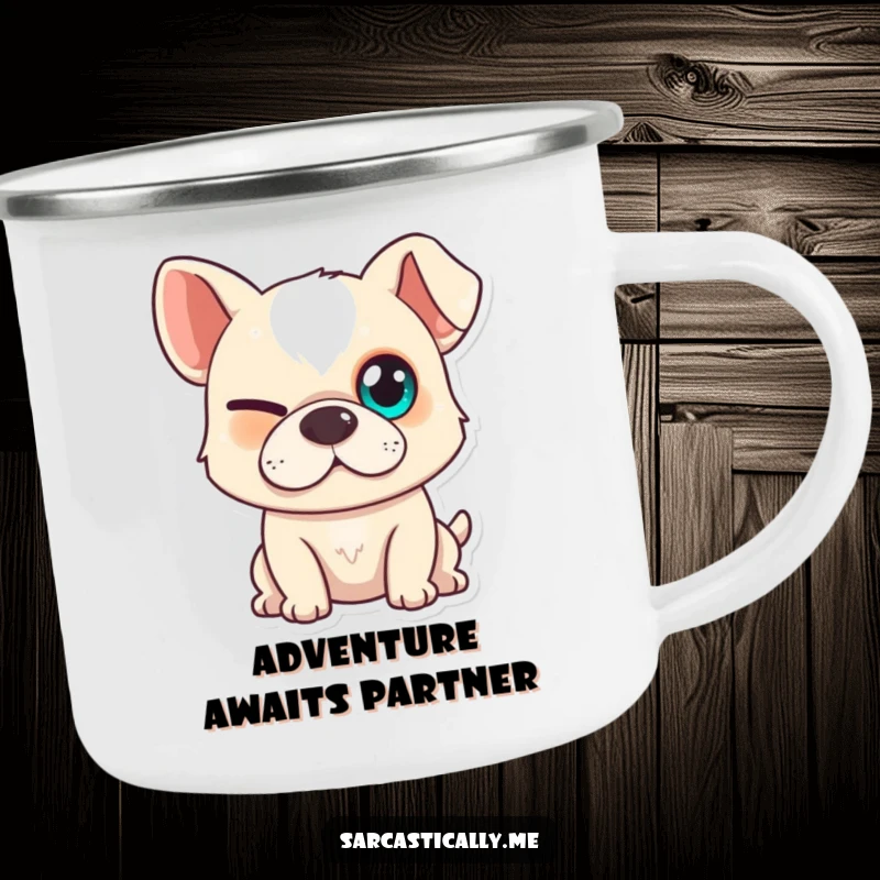 Funny dog camping mug with a squinted eye and slight smirk, perfect for outdoor enthusiasts who enjoy playful humor.