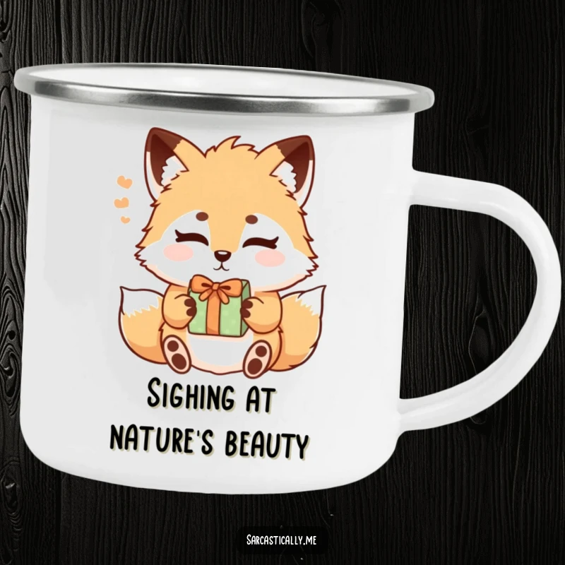 Funny camping mug featuring a fluffy fox with raised eyebrows sighing while accepting a gift, perfect for outdoor humor.