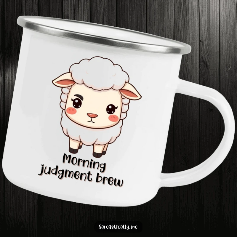 Funny sheep camping mug with an arched eyebrow and pursed lips, perfect for outdoor enthusiasts who enjoy humor.