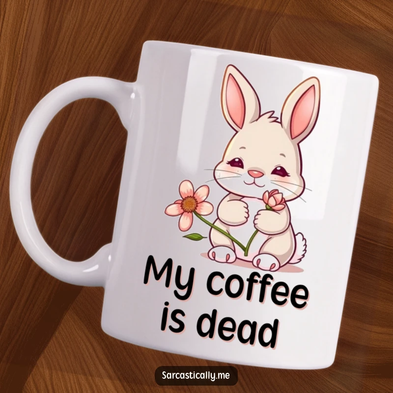 Funny bunny mug, featuring a rabbit with a blank, deadpan expression holding a droopy, wilting flower, conveying existential humor.