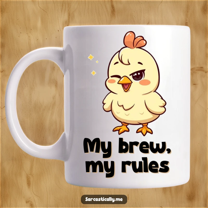 Funny chicken mug featuring a happy chicken with a squinted eye looking unimpressed by a shiny object, conveying humorous skepticism.