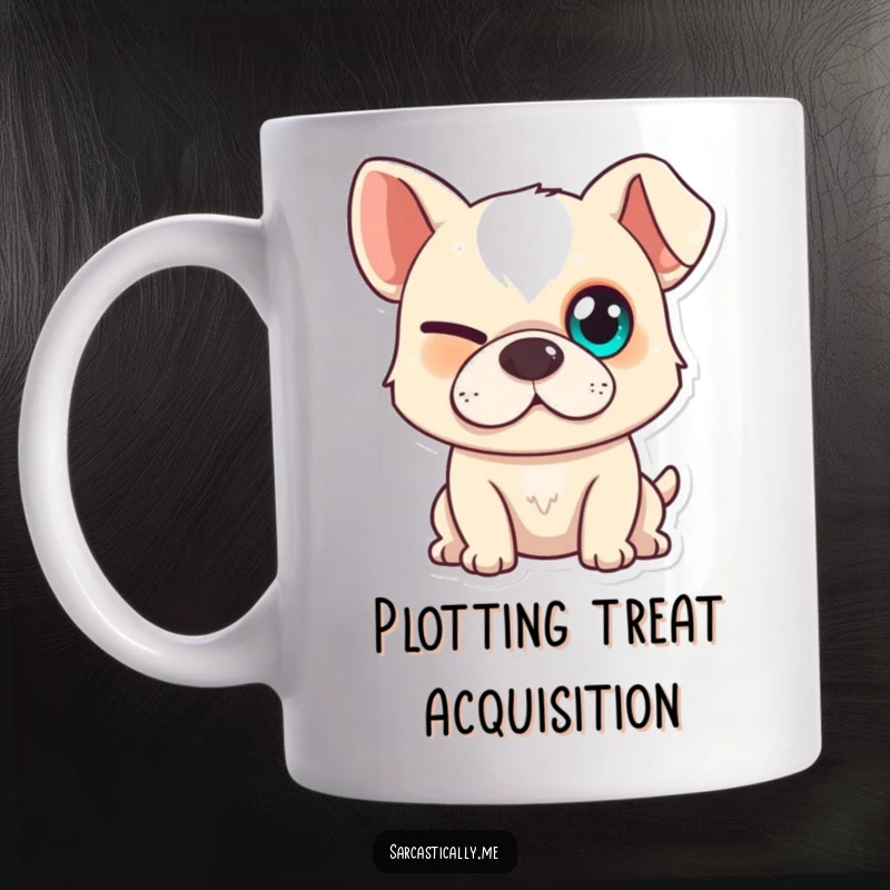 Funny dog mug featuring a dog with one eye squinted and a slight smirk, looking mischievous and playful.