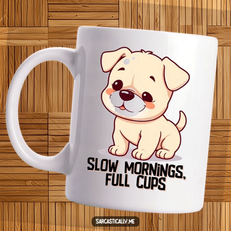 Funny puppy mug featuring a playful puppy with a small smirk and a slowly wagging tail, conveying mischievous charm humorously.