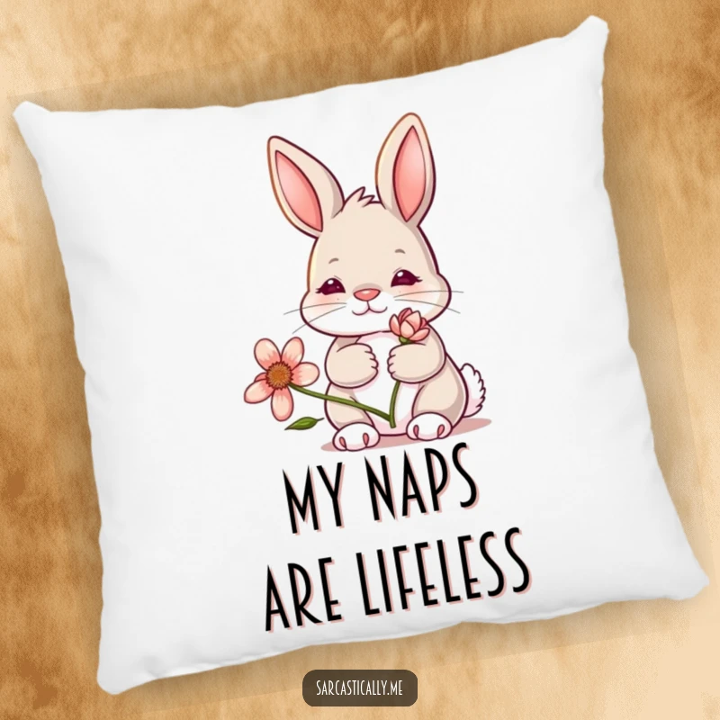 Funny bunny pillow, a plush accent showing a rabbit with a deadpan expression holding a wilting flower, perfect for cozying up in gloom.