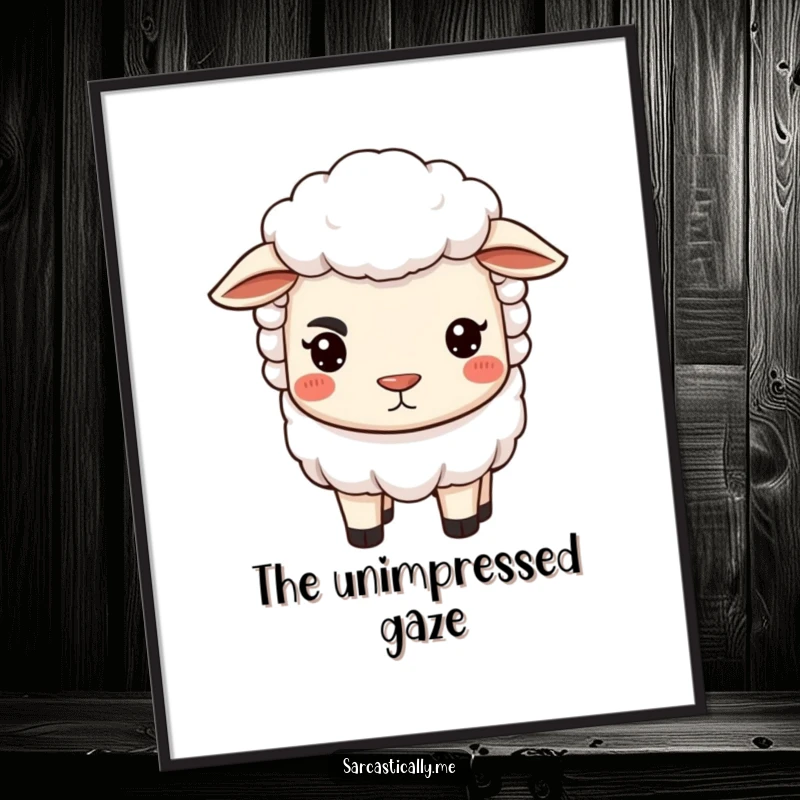 Funny sheep digital art print showing a sheep with an arched eyebrow and pursed lips, ideal for humorous wall decor.