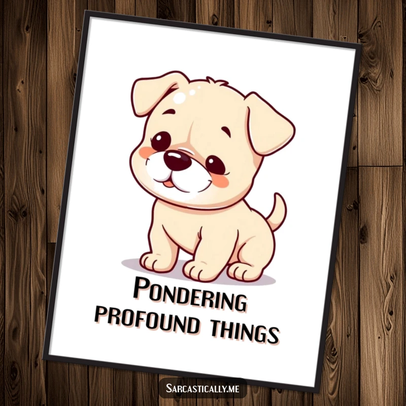 Funny digital art print of a playful puppy with a small smirk and a slowly wagging tail, conveying playful mischief.