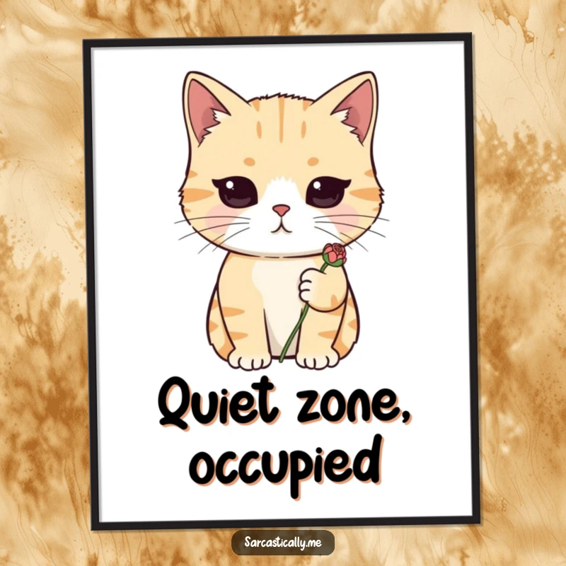 Funny digital art print of a deadpan cat holding a wilted flower, capturing sarcastic and unimpressed vibes.