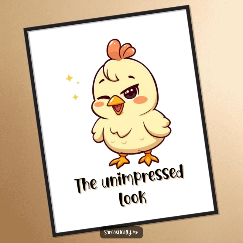 Funny digital art print of a chicken with a squinted eye looking unimpressed by a shiny object, conveying humorous skepticism.