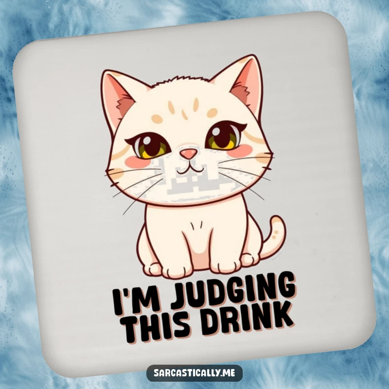 Funny cat drink coasters, depicting a cat with a raised eyebrow and tilted head, protecting surfaces with sass and humor.