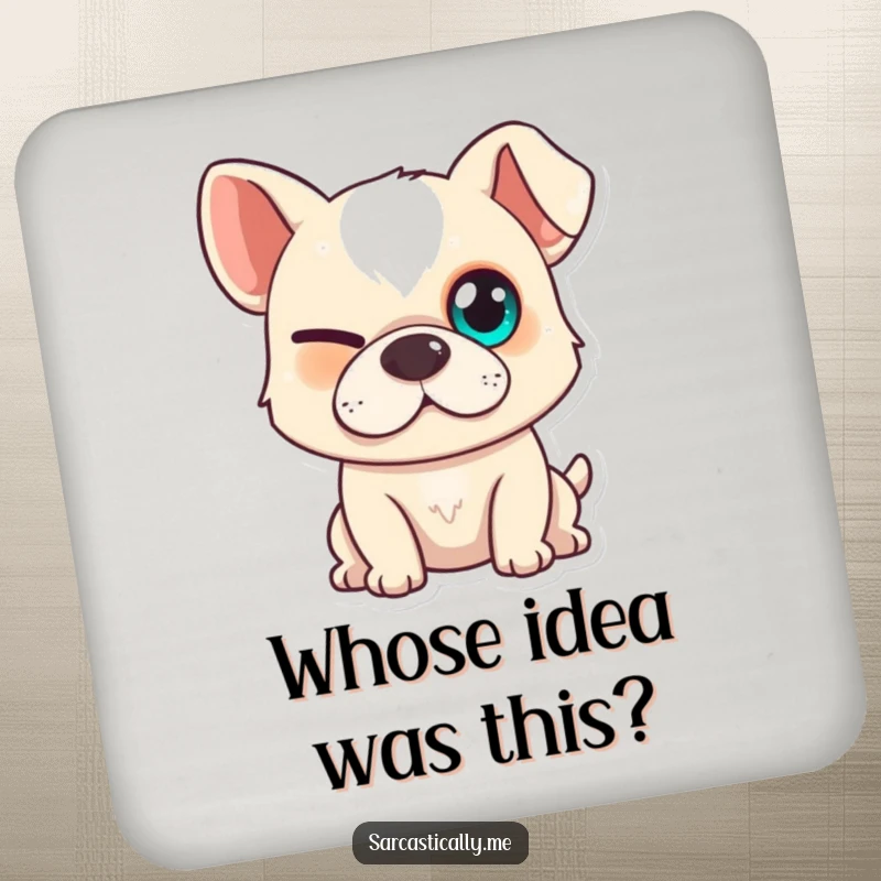 Funny dog drink coaster featuring a dog with one squinted eye and a slight smirk, protecting surfaces with humor.