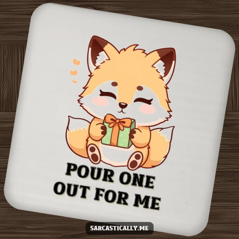 Funny coaster with a fluffy fox sighing with raised eyebrows while accepting a gift, ideal for surface protection.