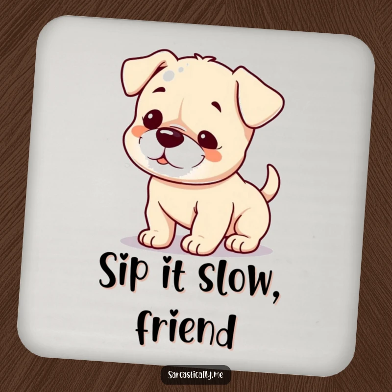 Funny coaster with a playful puppy giving a small smirk and slowly wagging its tail, ideal for surface protection.