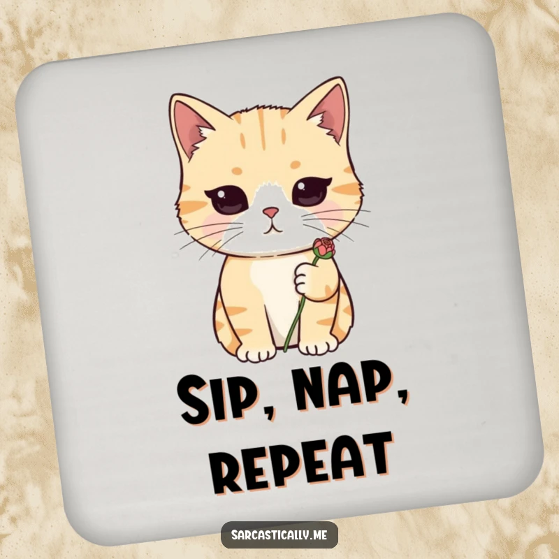 Funny coaster with a deadpan cat holding a wilted flower, ideal for protecting surfaces with humor.