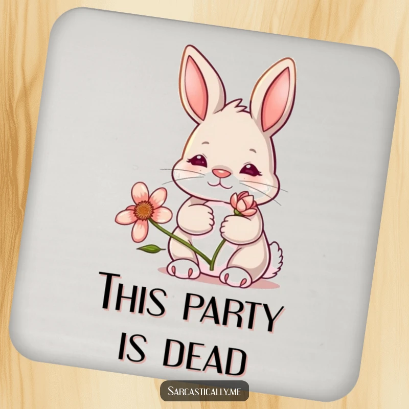Funny bunny drink coasters, depicting a rabbit with a deadpan expression holding a wilting flower, protecting surfaces with gloom and humor.