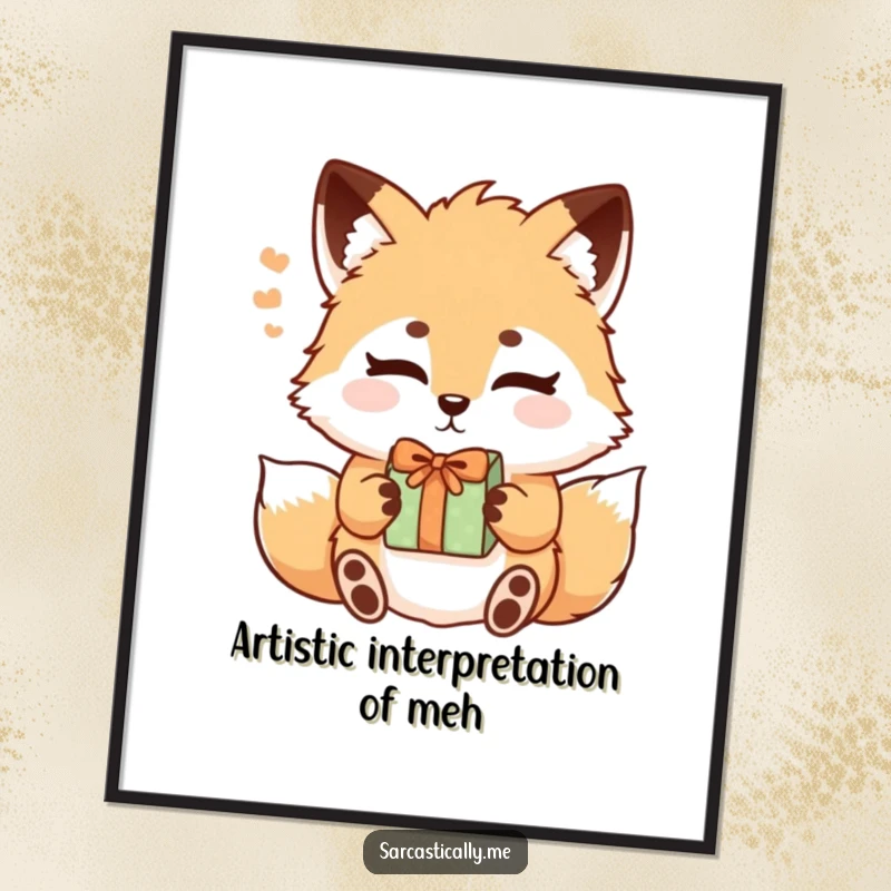 Funny fox poster featuring a fluffy fox with slightly raised eyebrows sighing while accepting a gift, for humorous wall decor.