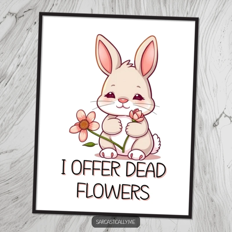 Funny bunny art poster, showcasing a rabbit with a blank, deadpan face holding a sad, wilting flower, perfect for adding quirky decor.