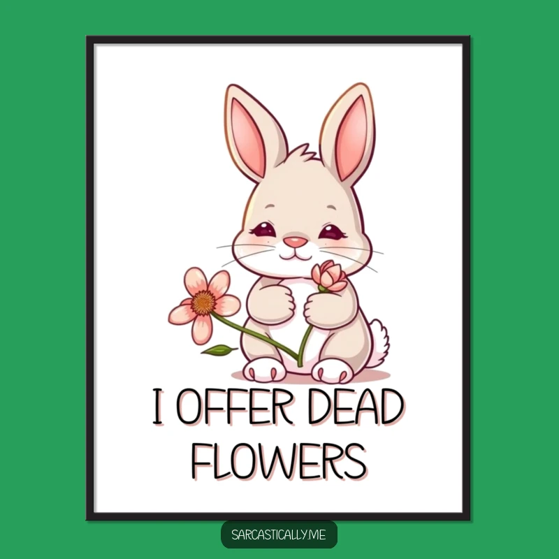 Funny Bunny Art Poster: Deadpan Expression, Wilting Flower