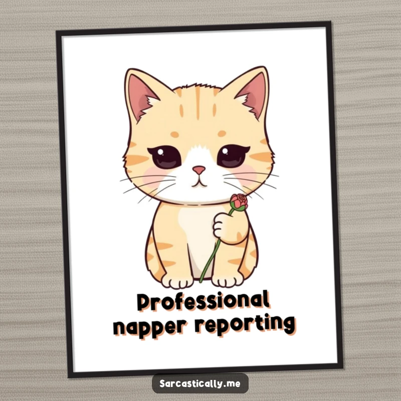 Funny cat poster displaying a deadpan cat holding a sad, wilted flower, creating a dramatic and humorous wall art piece.