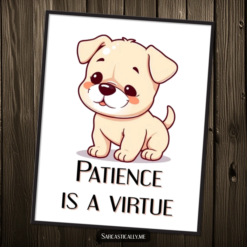 Funny puppy poster featuring a small smirk and a slowly wagging tail, perfect for humorous wall decor.