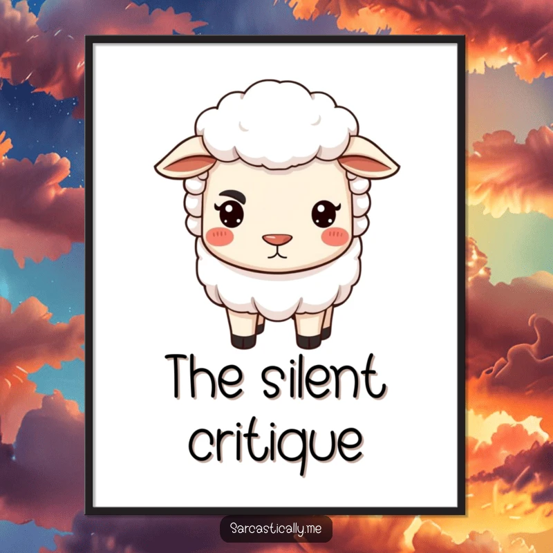 Funny sheep poster showing a sheep with a distinct arched eyebrow and pursed lips, conveying sarcastic judgment for wall art.