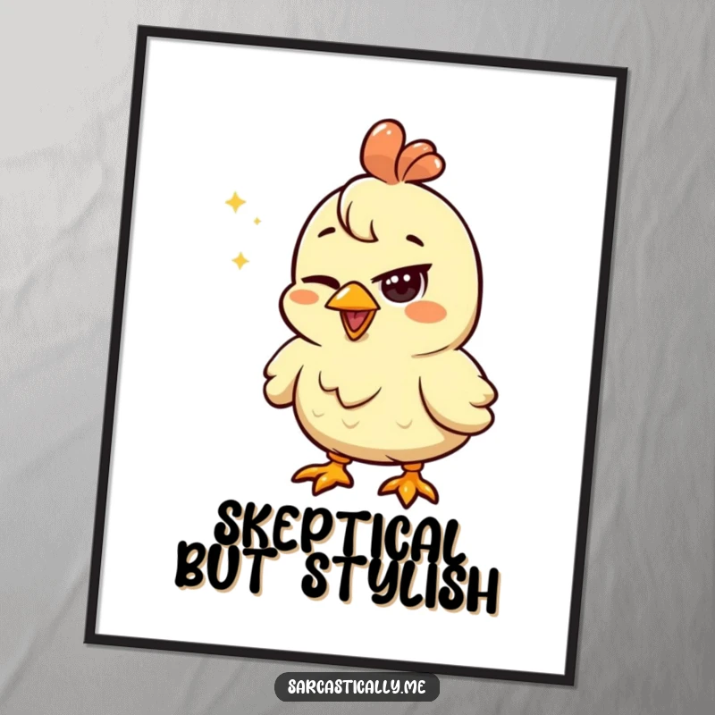 Funny chicken poster featuring a squinted eye looking unimpressed by a shiny object, perfect for humorous wall decor.