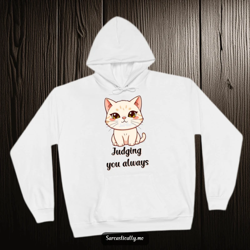 Funny cat hoodie, showing a feline with a classic raised eyebrow and tilted head, perfect for conveying skepticism in cozy comfort.