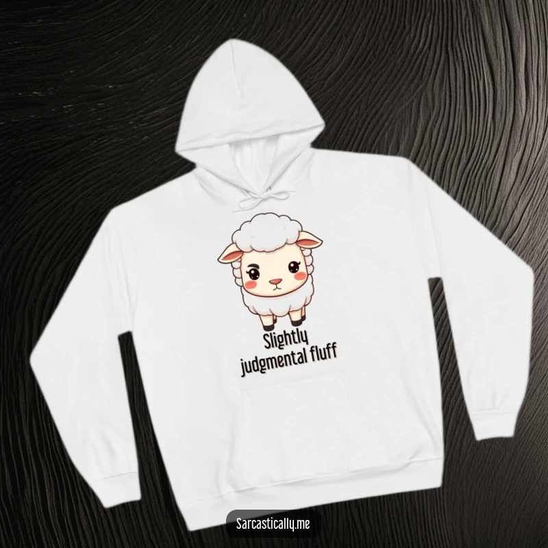 Funny sheep hoodie featuring a sheep with a perpetually arched eyebrow and pursed lips, offering a warm and sarcastic statement.