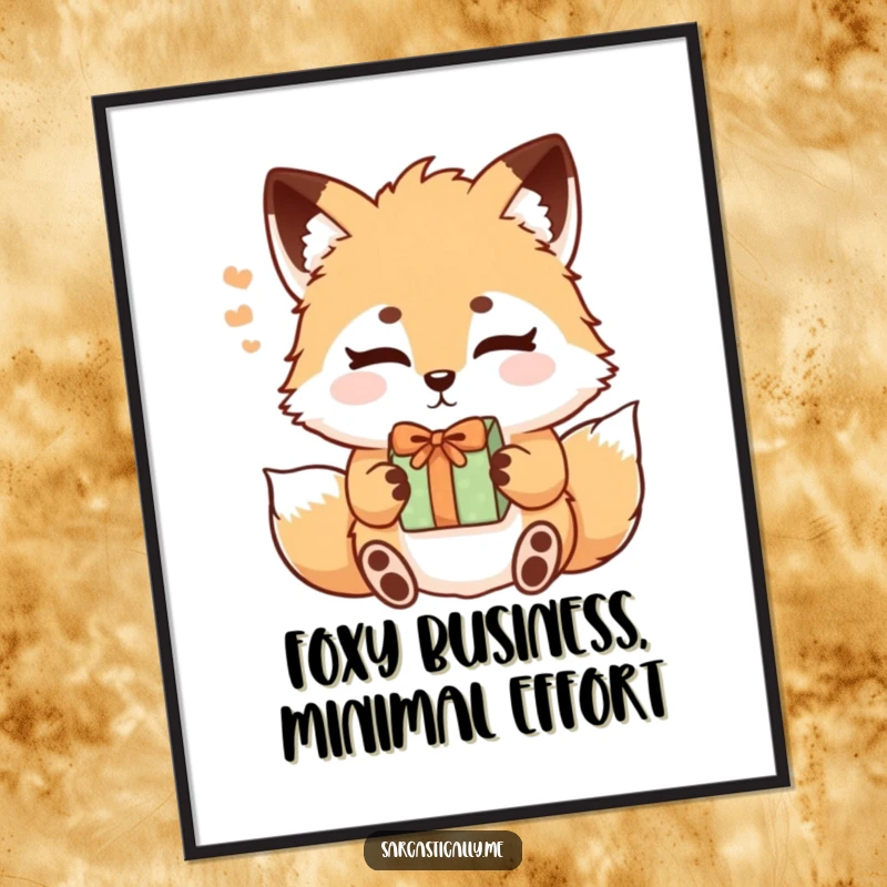 Funny Free Printable Wall Art: A fluffy fox with eyebrows slightly raised accepting a gift with a sigh, perfect for humorous wall decor.