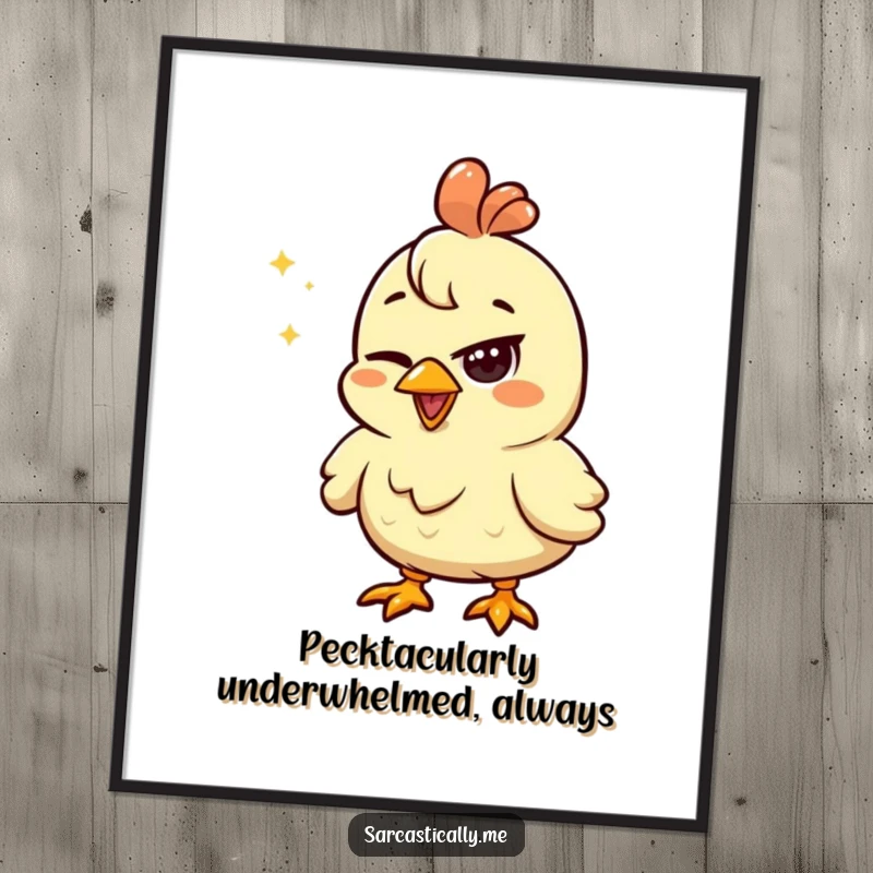Funny Free Printable Wall Art: A happy chicken with one eye squinted, looking unimpressed by a shiny object, perfect for humorous wall decor.