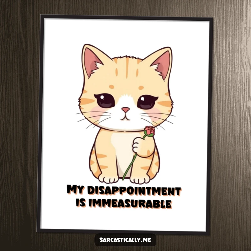 Funny Free Printable Wall Art: A cute cat with a deadpan stare holding a tiny, wilted flower, perfect for humorous home decor.