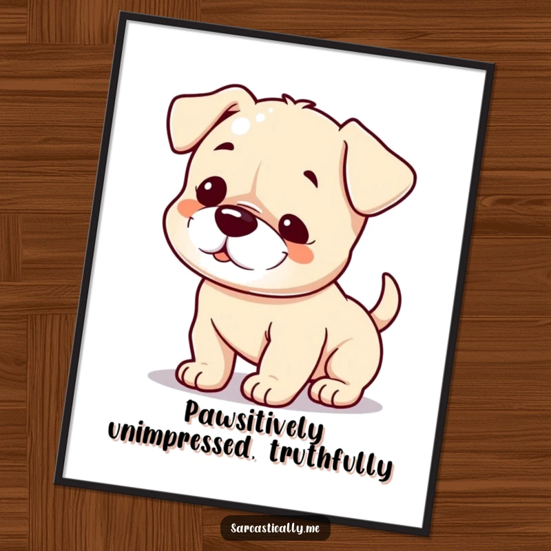 Funny Free Printable Wall Art: A playful puppy with a small smirk wagging its tail very slowly, perfect for humorous wall decor.