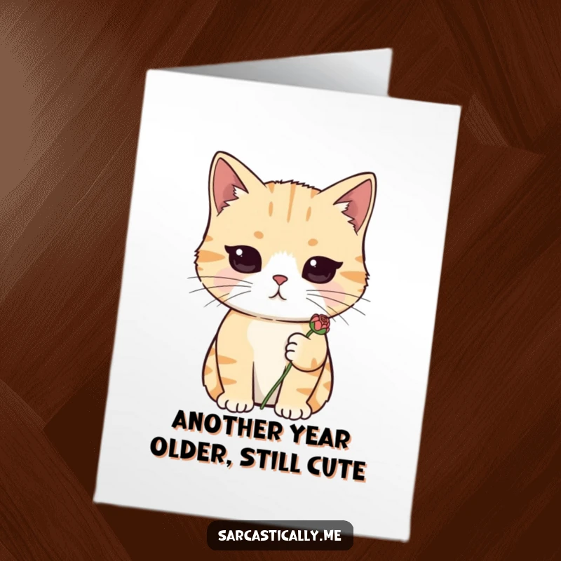 Funny Free Printable Birthday Card: Deadpan cat holding a wilted flower, conveying unimpressed birthday wishes for a unique gift.