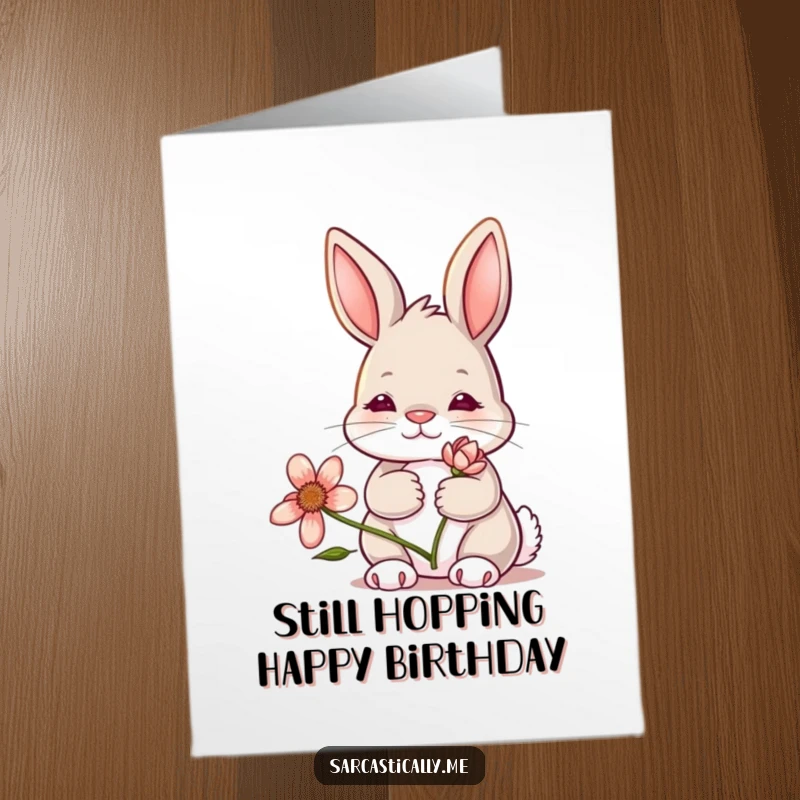 Funny Free Printable Birthday Card: A bunny with a deadpan expression holds a rather sad, wilting flower.
