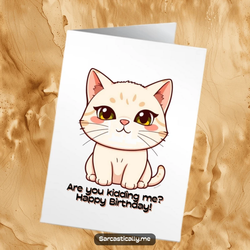 Funny Free Printable Birthday Card: A cat with a raised eyebrow and tilted head gives a look of mild skepticism.