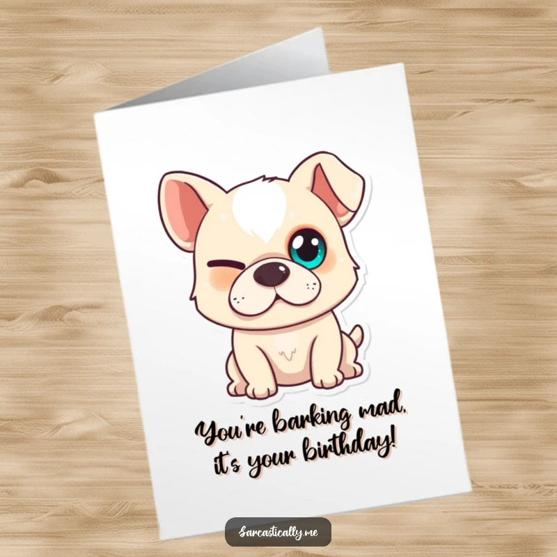 Funny Free Printable Birthday Card featuring a sly dog with one eye squinted and a playful smirk, plotting birthday mischief.