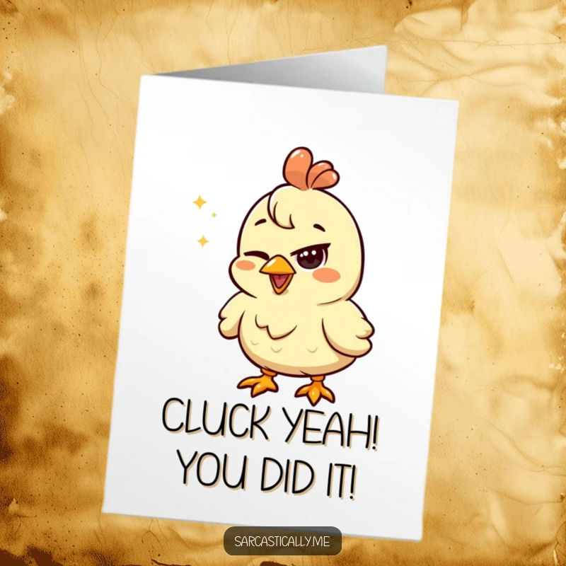 Funny Free Printable Congratulations Card: A happy chicken with one eye squinted, looking unimpressed by a shiny object, conveying a hilariously nonchalant congratulations.