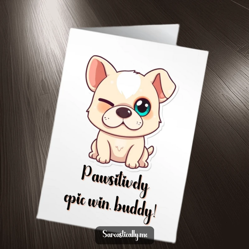 Free Printable Congratulations Card showing a mischievous dog with a squinted eye and a knowing smirk, celebrating your victory slyly.