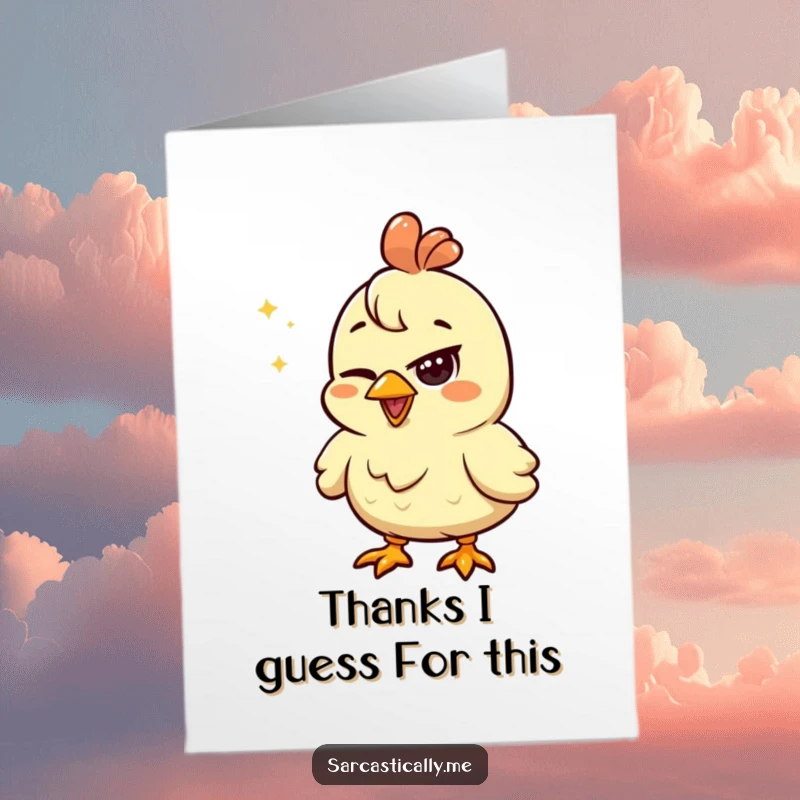 Funny Free Printable Thank You Card: Happy chicken squinting, looking unimpressed by a shiny object, offering a hilariously reluctant thank you.