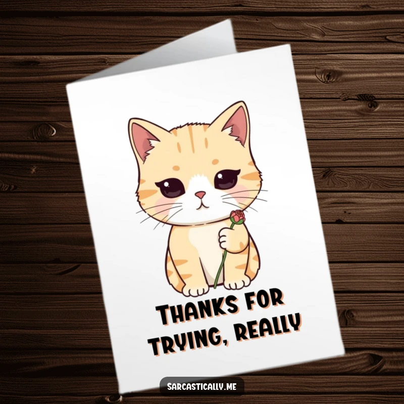 Funny Free Printable Thank You Card: Deadpan cat holding a wilted flower, conveying hilariously reluctant thanks for a unique gift.