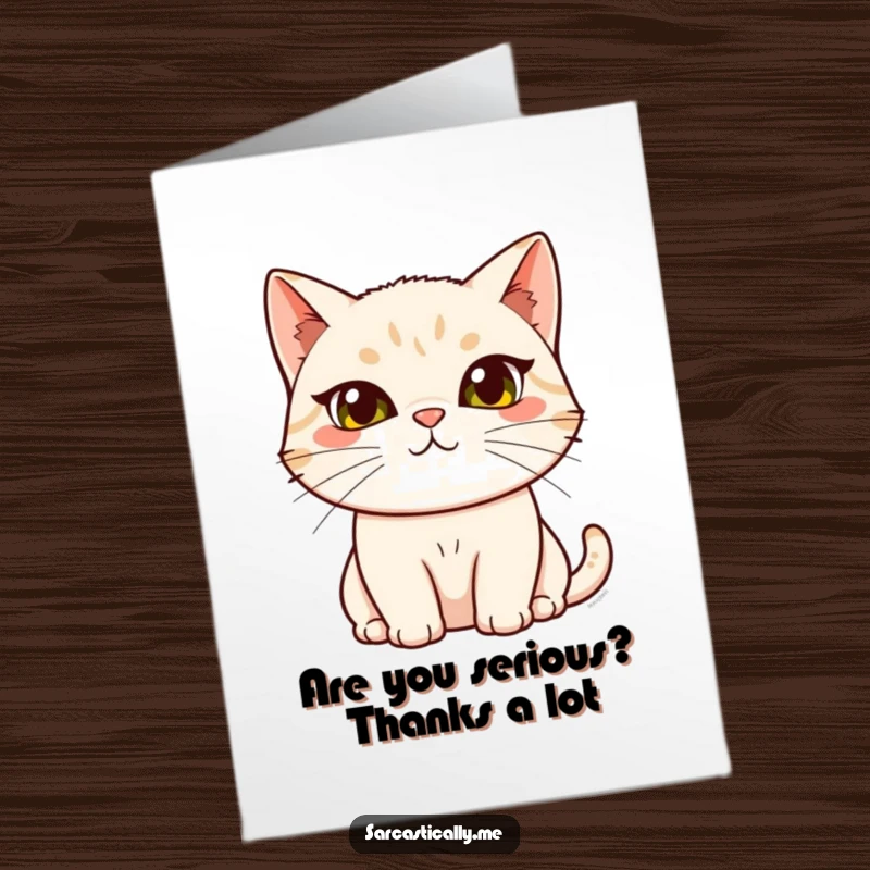 Funny Free Printable Thank You Card: A cat with a raised eyebrow and tilted head looks on, perhaps unimpressed.