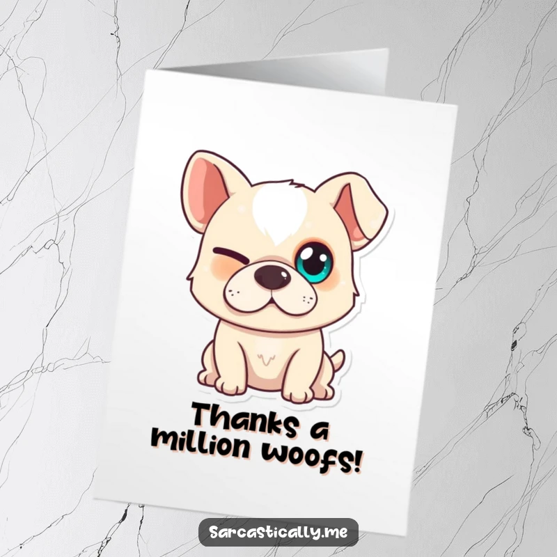 Funny Free Printable Thank You Card featuring a grinning dog with one eye squinted, offering a sneaky smirk of thanks.