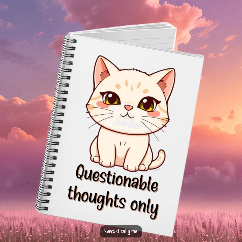 Funny cat notebook, cover illustrated with a cat sporting a raised eyebrow and tilted head, ideal for journaling and noting judgments.