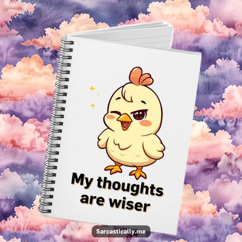 Funny chicken notebook with a squinted eye looking unimpressed by a shiny object, designed for jotting down critical notes.