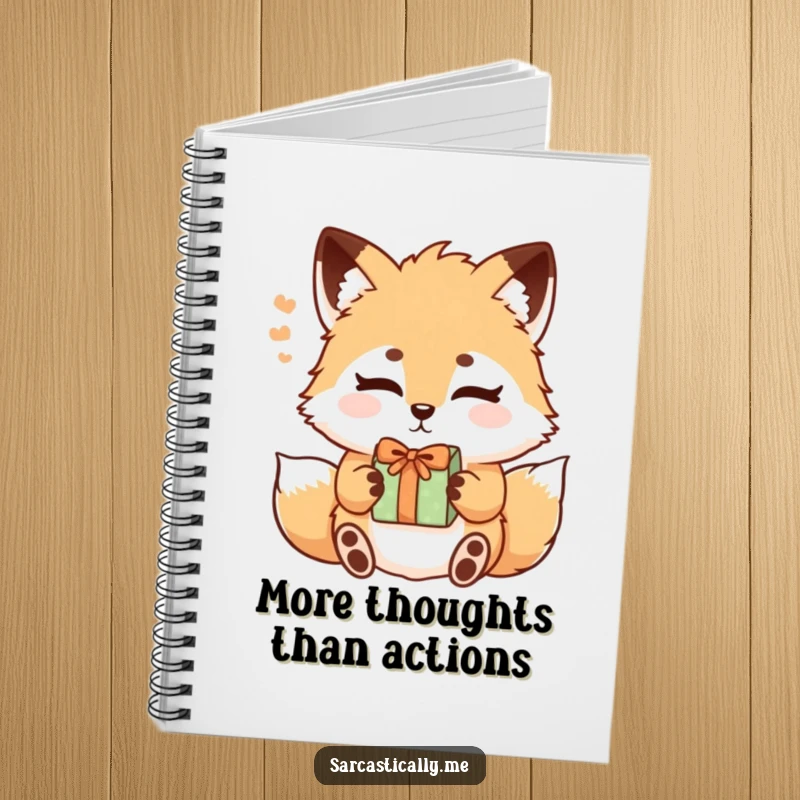 Funny fox notebook with a fluffy fox sighing with raised eyebrows, designed for jotting down thoughtful, resigned notes.