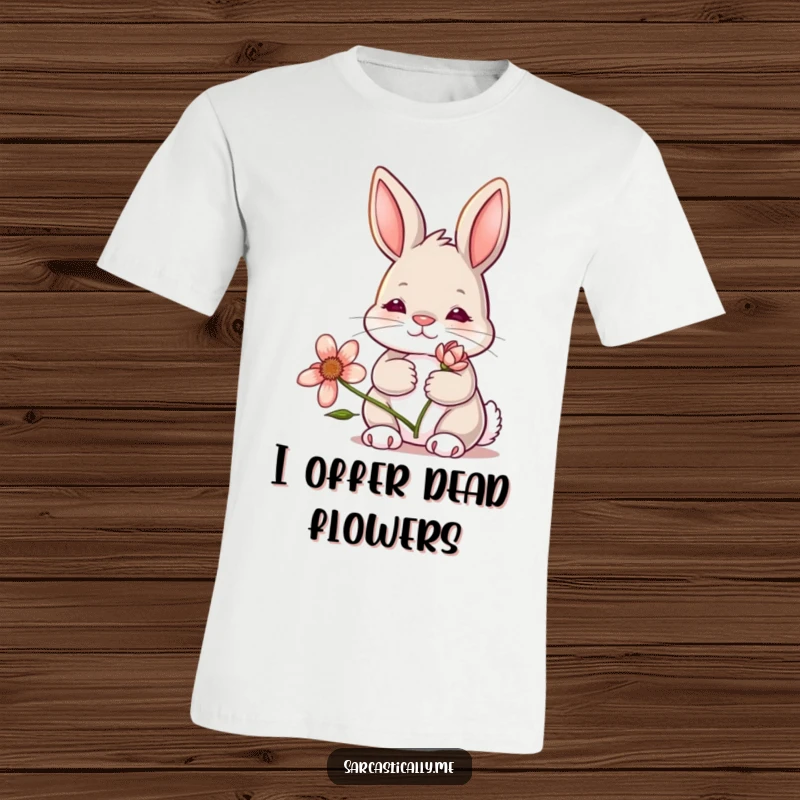 Funny bunny t-shirt, depicting a rabbit with a completely deadpan expression holding a sad, wilting flower, perfect for expressing ennui.