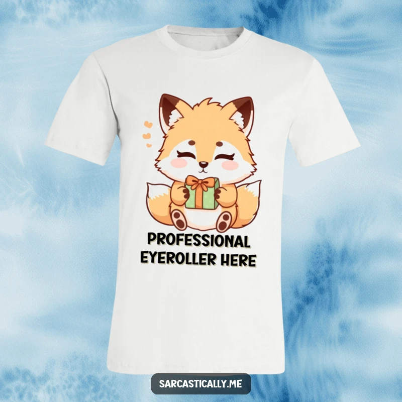 Funny fox t-shirt showing a fluffy fox with raised eyebrows sighing while accepting a gift, symbolizing understated reactions.